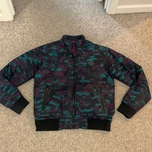 Kenzo burgundy & green abstract print goose down puffer bomber reversible jacket